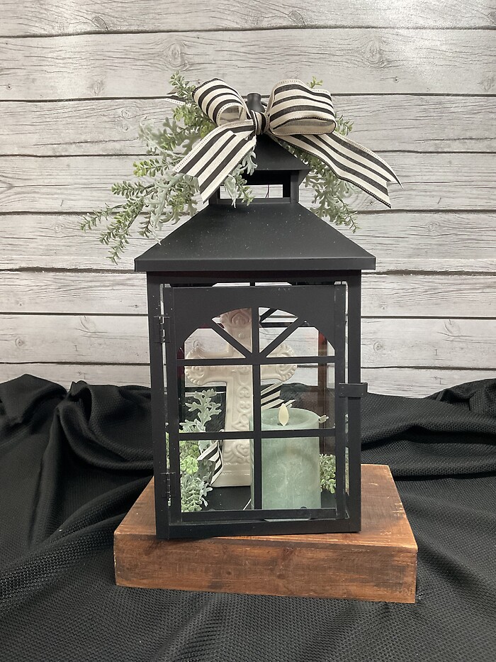 Black metal lantern w/ Cross and Candle